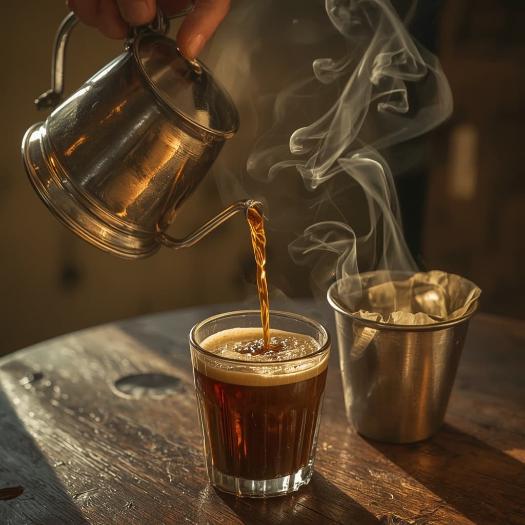 Filter coffee being poured into a glass beside a steel dabara