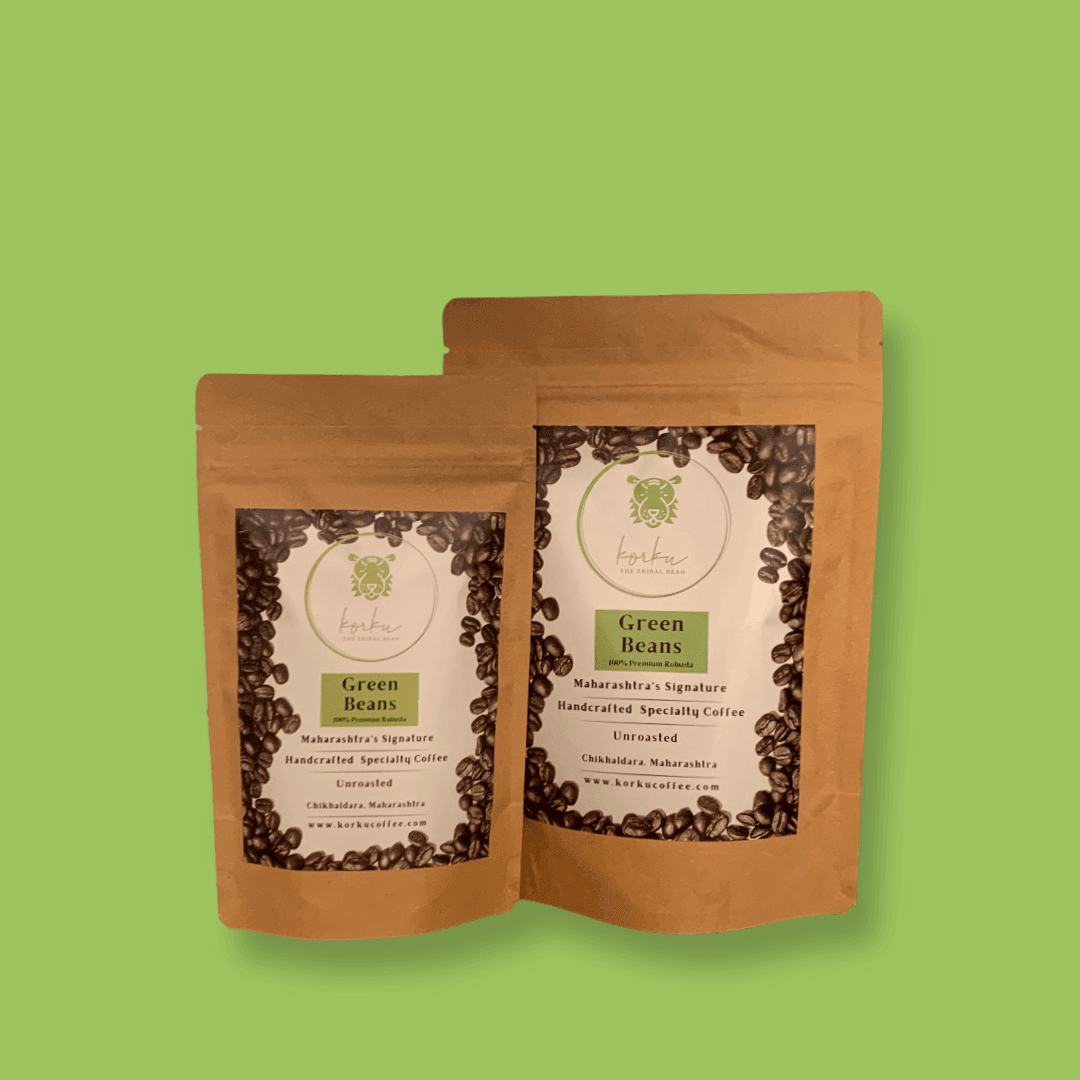 Green Beans Korku Coffee packs on their original lime green background